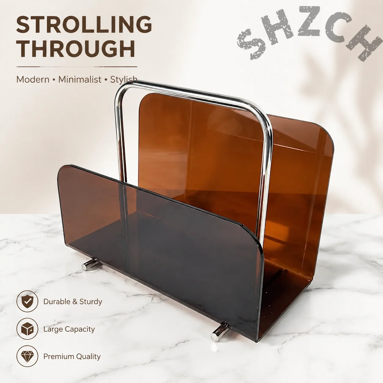 Modern Metal & Acrylic Desktop Bookshelf – Sleek Magazine Rack for Home Office or Living Room
