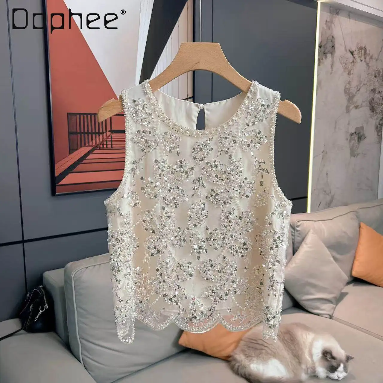 Heavy Industry Sequined Beaded Sleeveless Vest Women Fashion High End Versatile Sequin Embroidery Round Neck Loose Short Tops