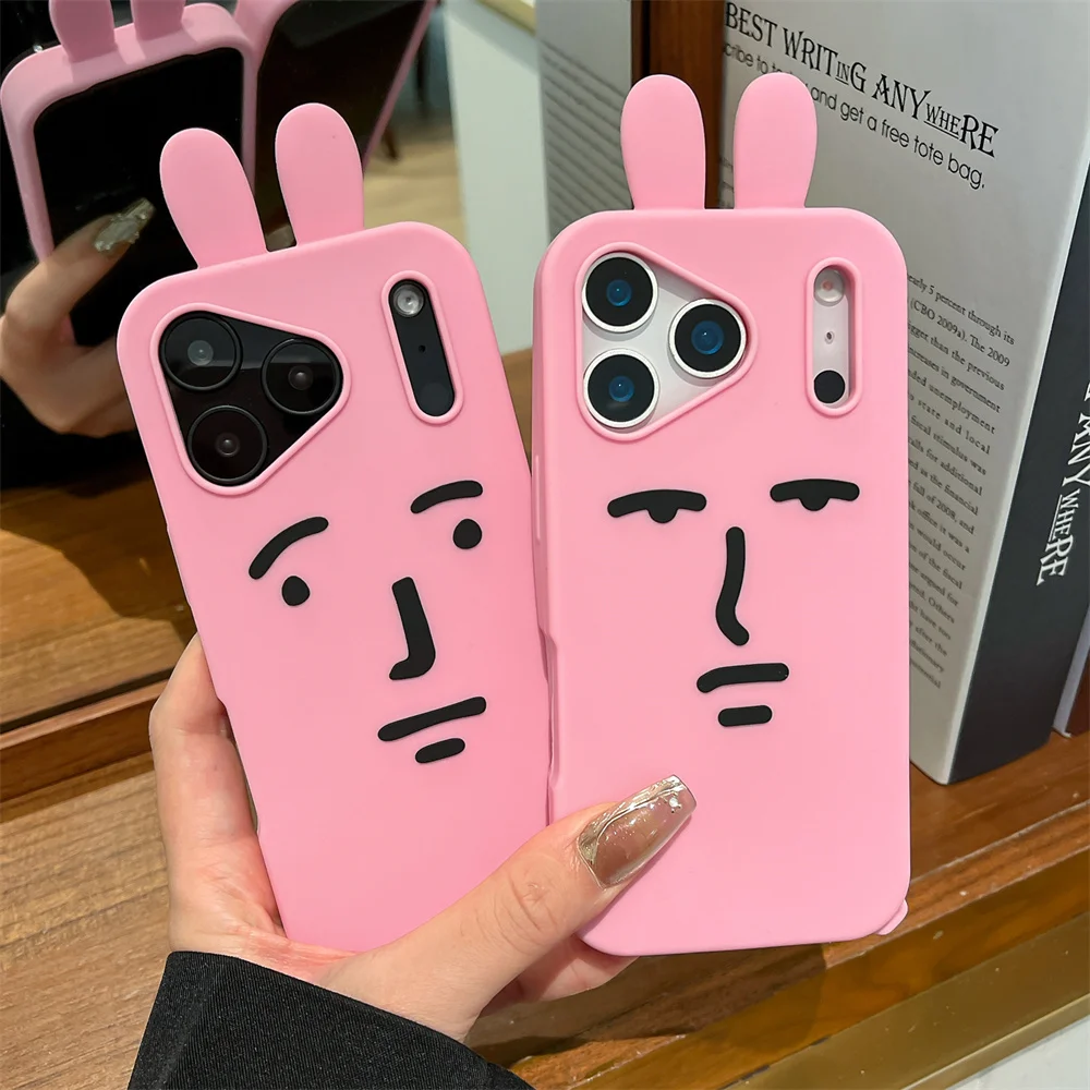 Divertida Funda de teléfono Emoji Pink Bunny para iPhone 17 Pro Max/16/15/14/13 3D Funda de conejo de silicona suave Funda iPhone 17