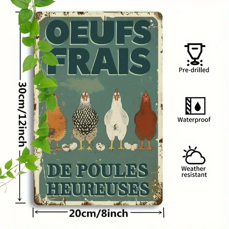 Vintage French Farmhouse Chicken Metal Sign Rustic Teal Green & Brown Vintage Farm Decor "Oeufs Frais" (Fresh Eggs) - Easy Hang view 2