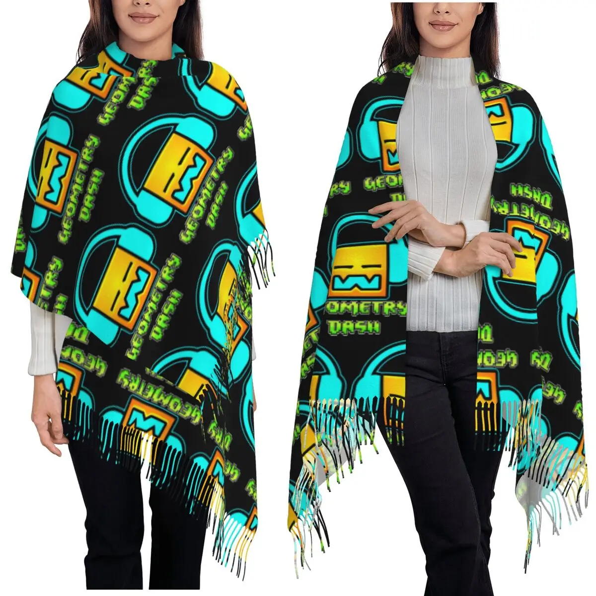 Geometry Dash Game Music Cute Geometric Scarf Tassel Scarves Women Soft Warm Shawls and Wraps Long Fall Winter Shawl Wrap