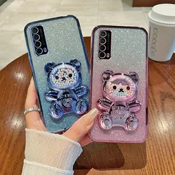 For Huawei Y7A Case Soft Silicone Bling Shockproof Electroplated TPU Cell Phone Casing For PPA-LX3 Back Cover Cute Bear Stand