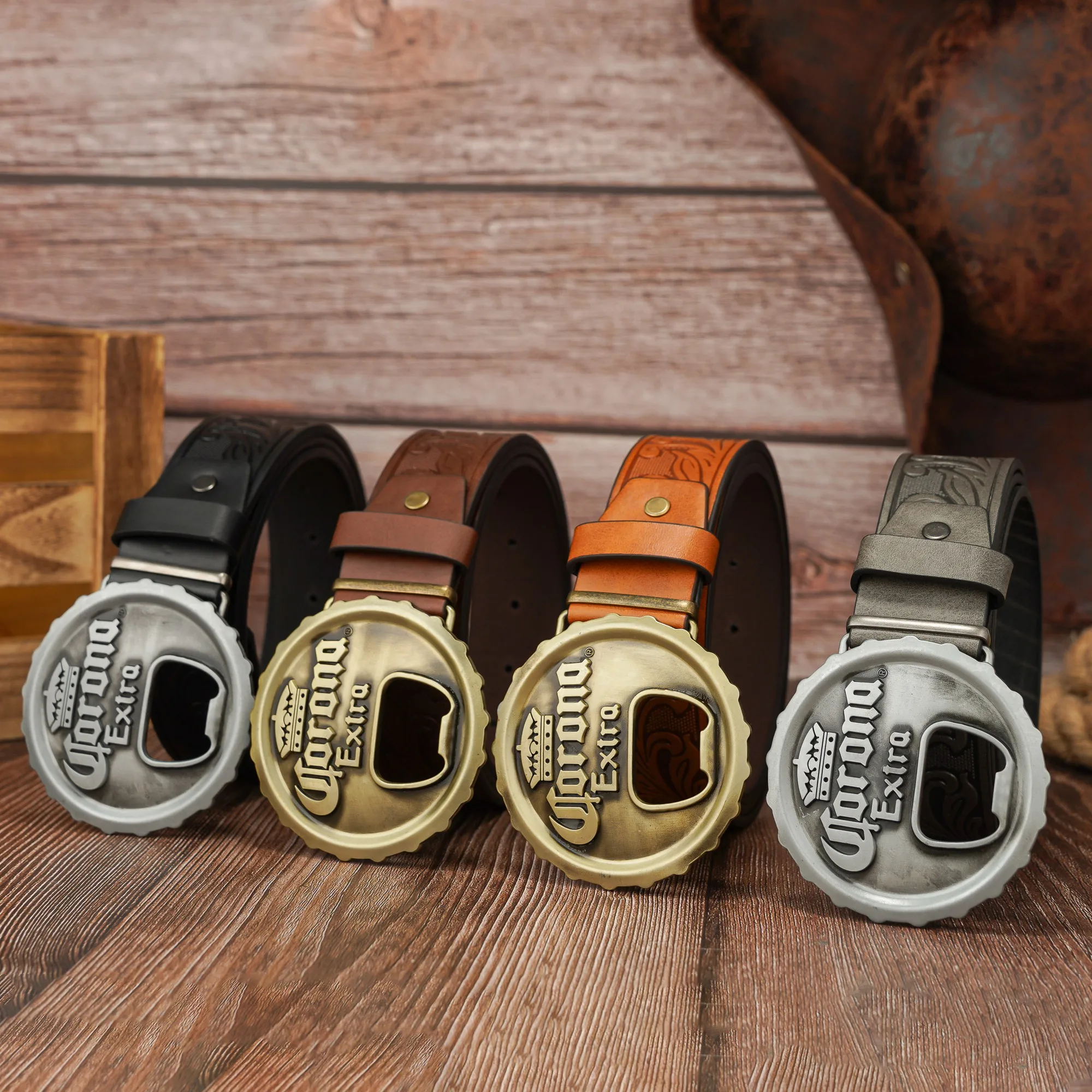Bottle cap shaped wine bottle screwdriver three-dimensional letter buckle personality tail pattern PU embossed belt