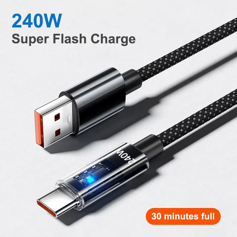 Nylon Type C USB Cable 240W Super Fast Charging USB C Phone Charger Data Line For   Huawei Quick Charge Cables