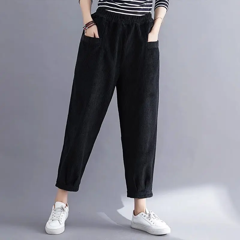 

Corduroy Harun Pants for Women Autumn Winter Loose Plus Size Fat Mm Artistic Retro High Waist Slim Casual Nine Point Carrot Pant