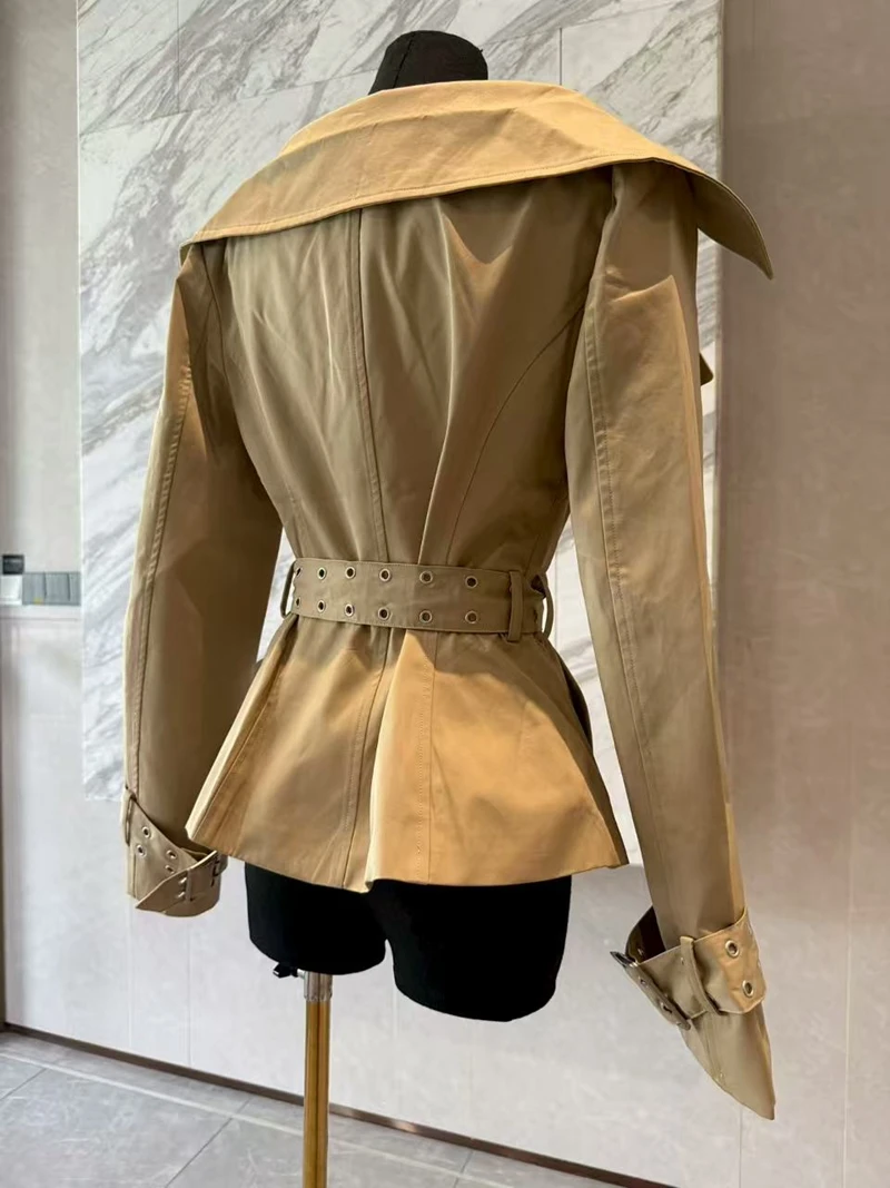 

i Color ort Sle Women's Windbreaker Coat oulder Exposure One-oulder Design Double Row Buttons Korean Version Slim Fit