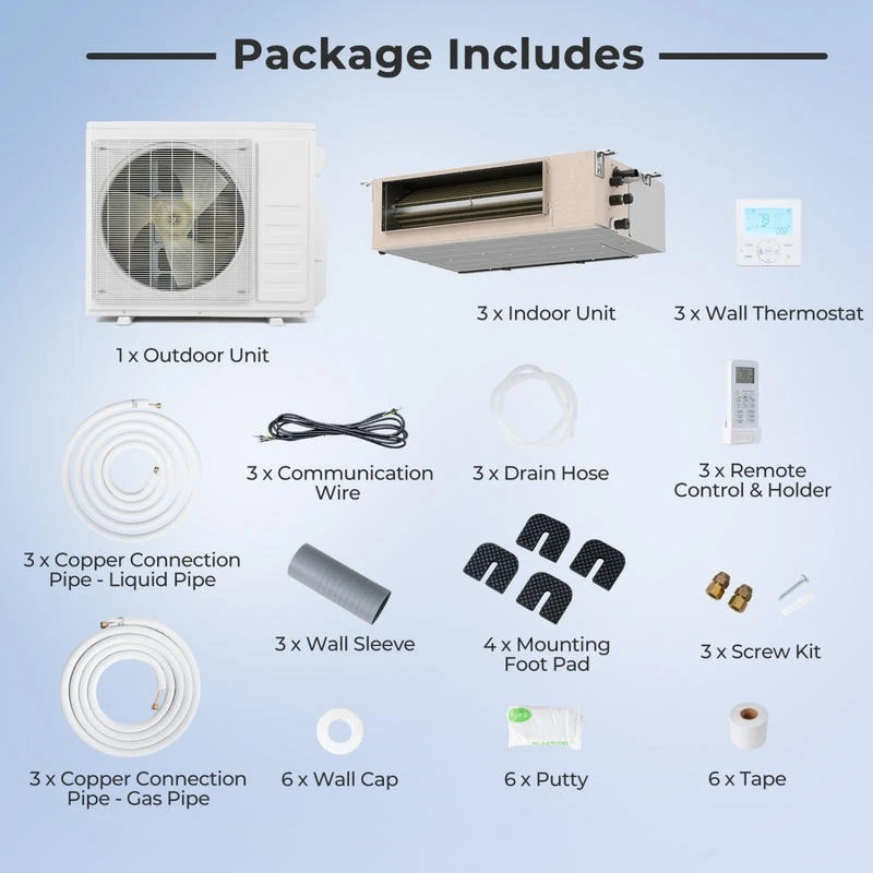 X-Pro 27000 BTU 3 Zone 24 SEER2 Concealed Ducted Mini Split AC-9K + 9K + 9K