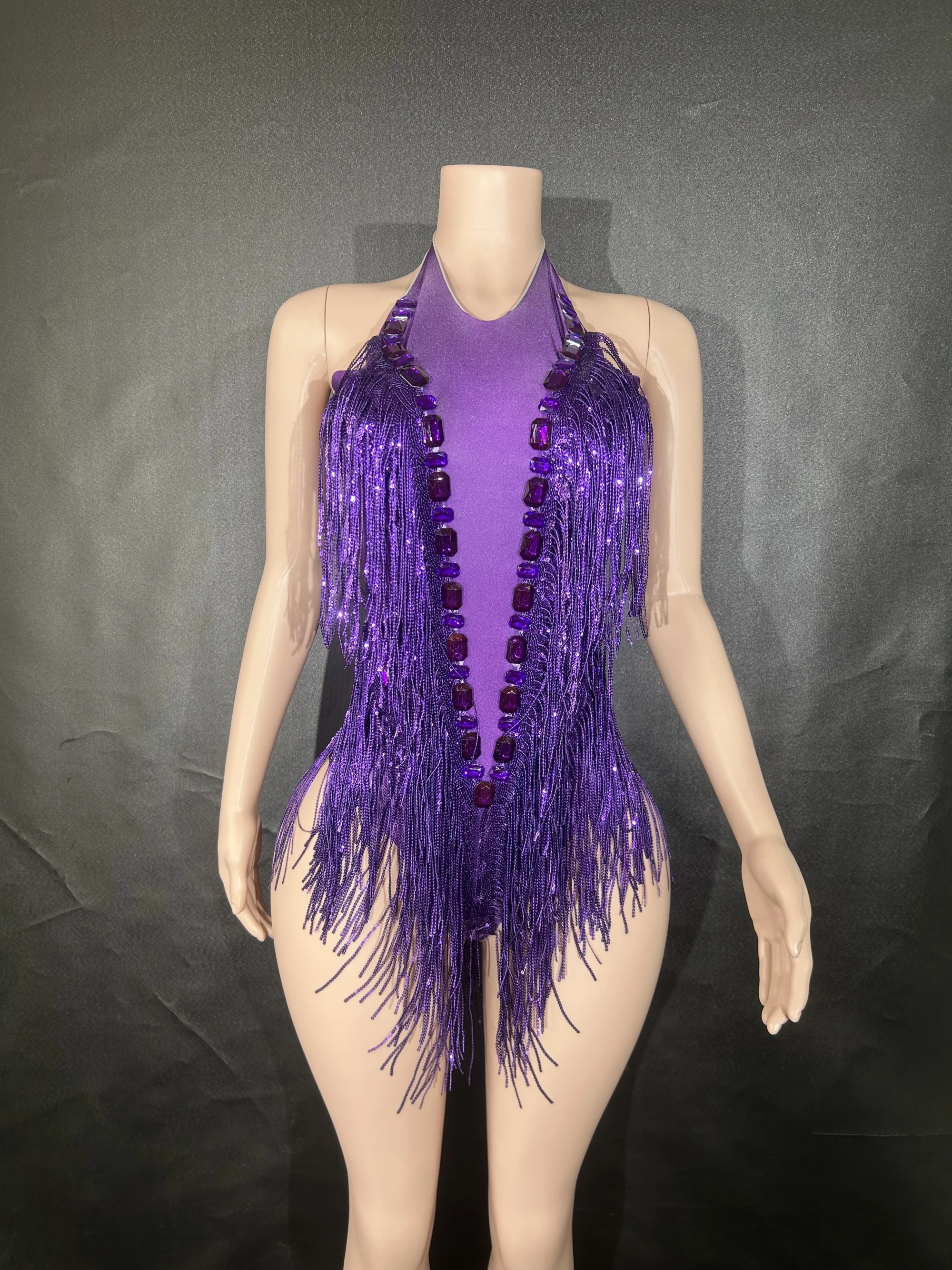 Sparkly Rhinestones Sequins Tassel LeotardWomen Nightclub Outfit Singer Dancer CostumeStage Wear Sexy Performance Bodysuit  7G