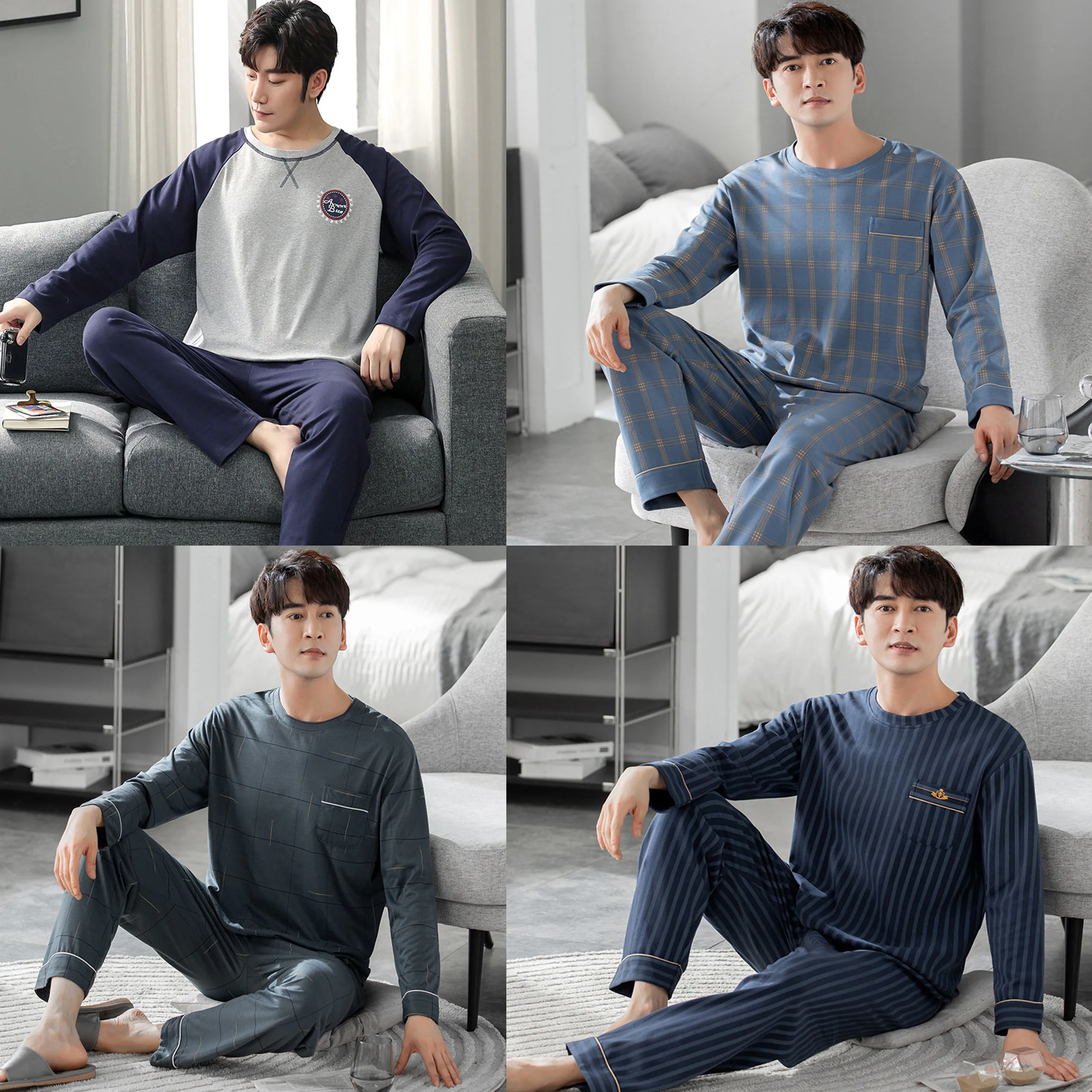 

Spring And Autumn Men's Pajamas Long-Sleeved Trousers Simple Homewear Thin Cotton Boys Large Size Casual Comfortable Homewear Su