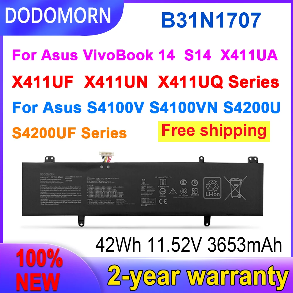 

DODOMORN 100% New B31N1707 Battery For ASUS VivoBook S14 S410UQ S410UN S41OUN S4100V S4100VN S4200U X411UA X411UF X411UN X411UQ