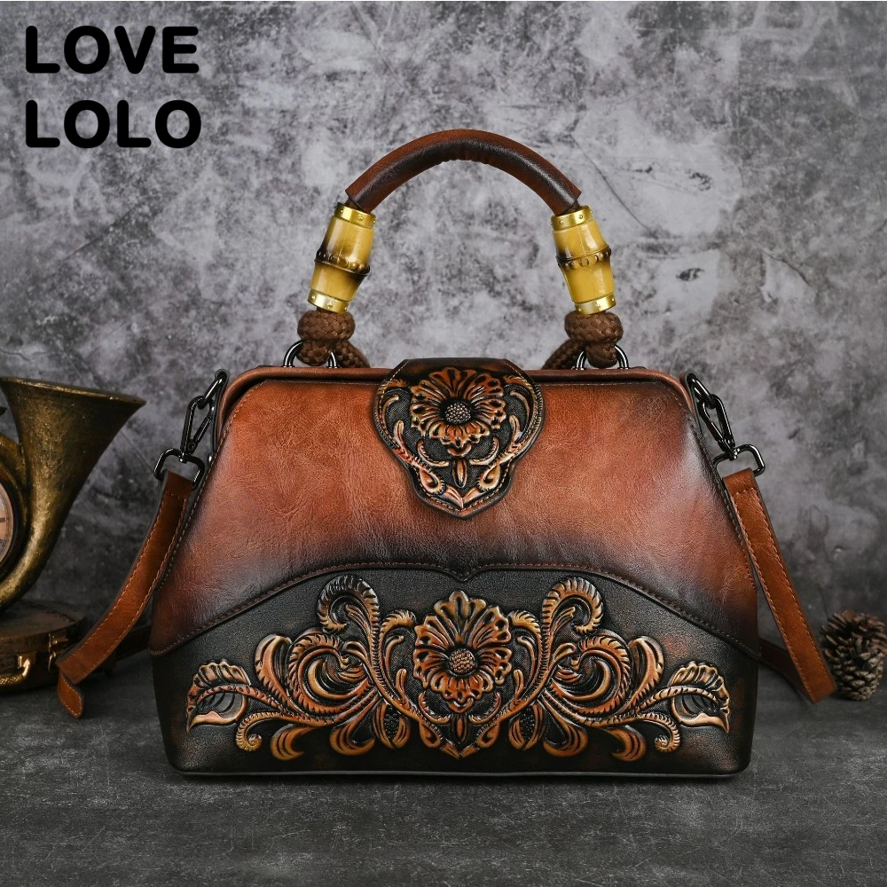 

2025 Vintage Floral Carved Handbag for Women Artisanal Splicing Leather Shoulder Bag Luxury Gift Purse Retro Crossbody Bag
