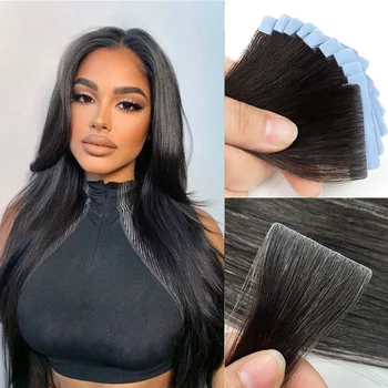 인모 양면 PU 테이프 인모 연장, 천연 인비저블 테이프, 블랙 블론드 다크 브라운, 팩당 10 개