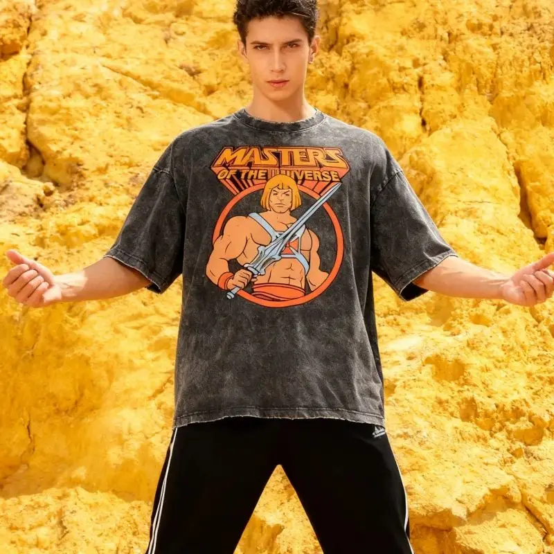 

Classic animation print Graphic Tee Men's Distressed Washed T-shirt Male Retro Cartoon Casual Comfortable Streetwear Tshirt