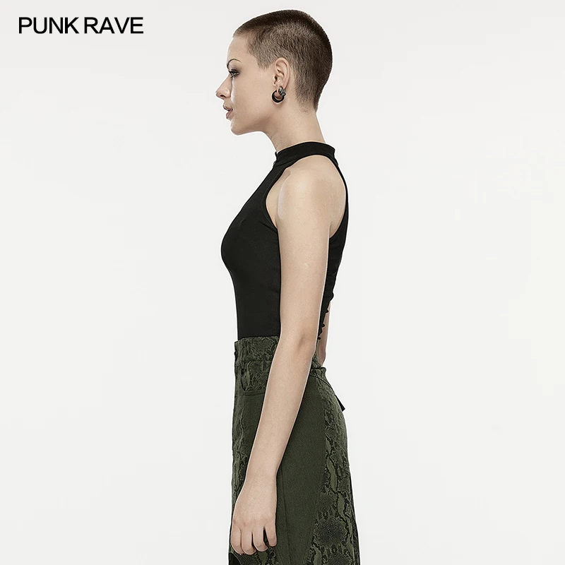 PUNK RAVE Women's Punk Chinese Style Asymmetrical U-shaped Split T-shirt Daily Sewn Metal Buckle Sexy Black Tops Summer