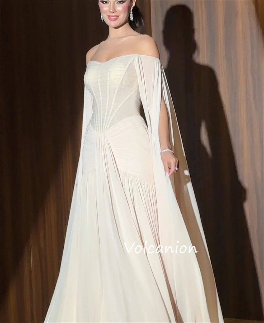 Personalizado estilo chinês chiffon plissado a linha fora do ombro vestidos longos sob medida ocasião noite moda unisex