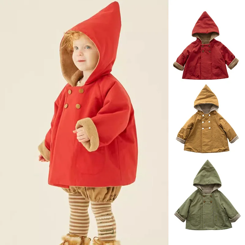 Children's plush thick coat 2024 winter windproof hooded outdoor jacket