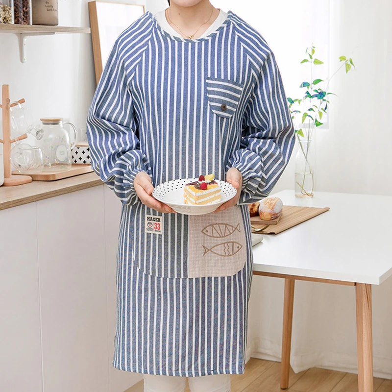 Women\'s Cotton Apron, Men\'s Sleeved Apron, Long Sleeve Waterproof, Striped, Unisex