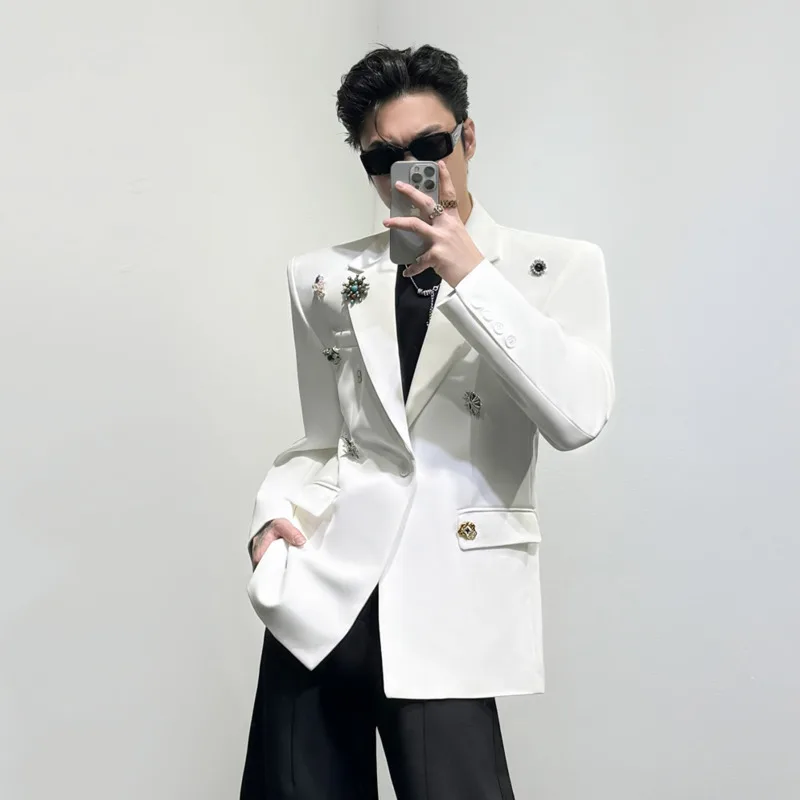 WVGA Spring Autumn New Men Korean Style Double-Breasted Metal Decorations Blazer Shoulder Pads High-End Fashionable Coats W24082