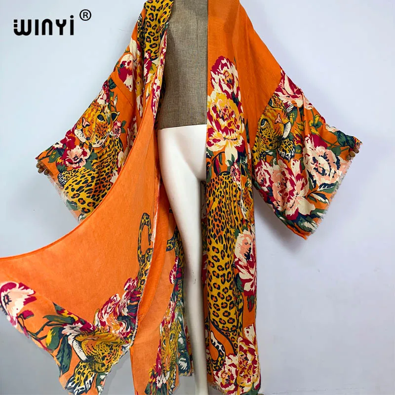 Winyi Zomer Bohemian Luipaard Print Strandkleding Zwempak Cover Up Afrika Vrouwen Vest Kleurrijke Sexy Vakantie Lange Mouw Kimono