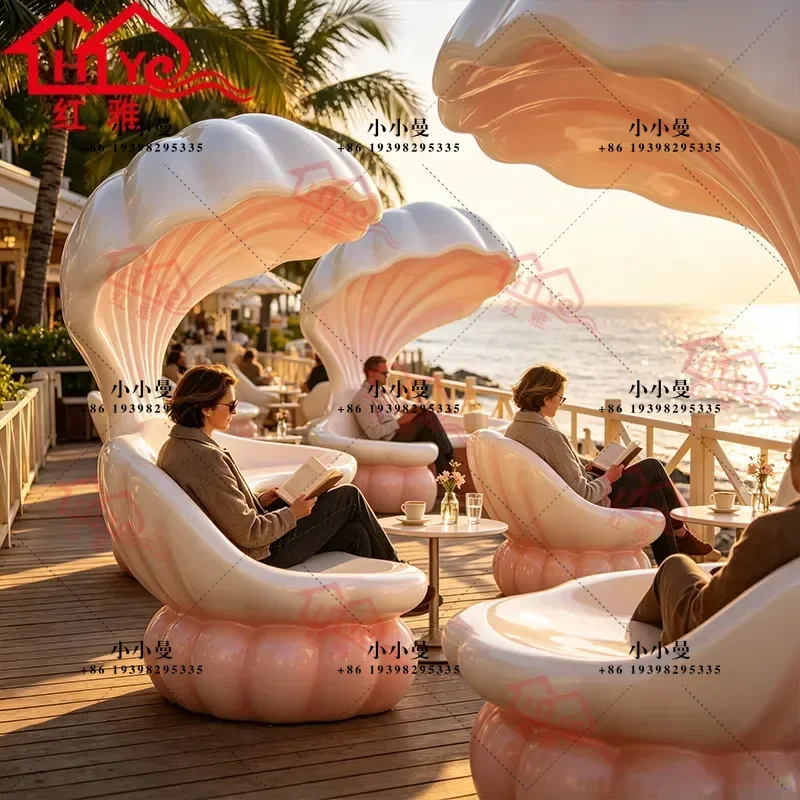 Large Fiberglass Shell Lounge Chair Pearl Clam Shape Outdoor Swimming Pool Sofa for Hotel Resort Seaside Scenic Spot