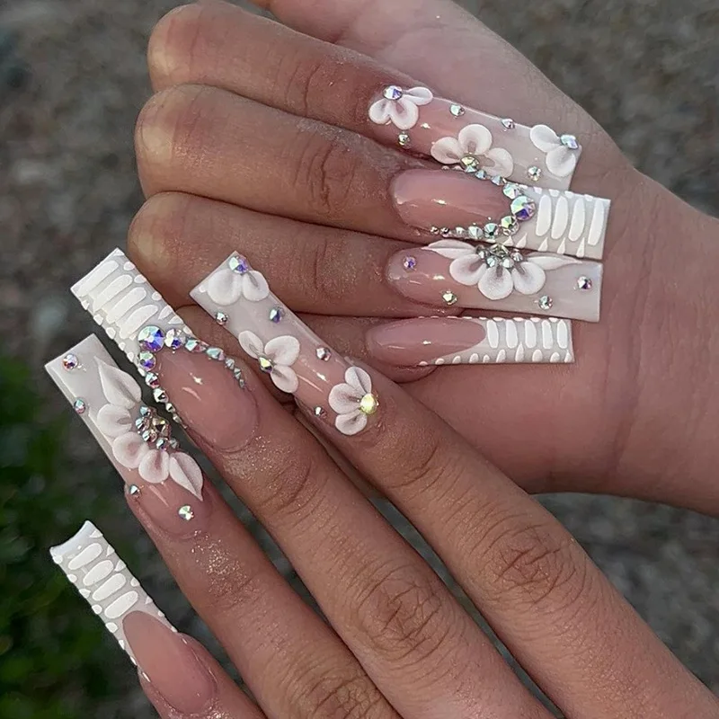 Uñas postizas artificiales, 24 piezas, ataúd largo, bailarina francesa, puntas de uñas postizas portátiles, puntas de uñas terminadas, diseño de flores, piedras de imitación