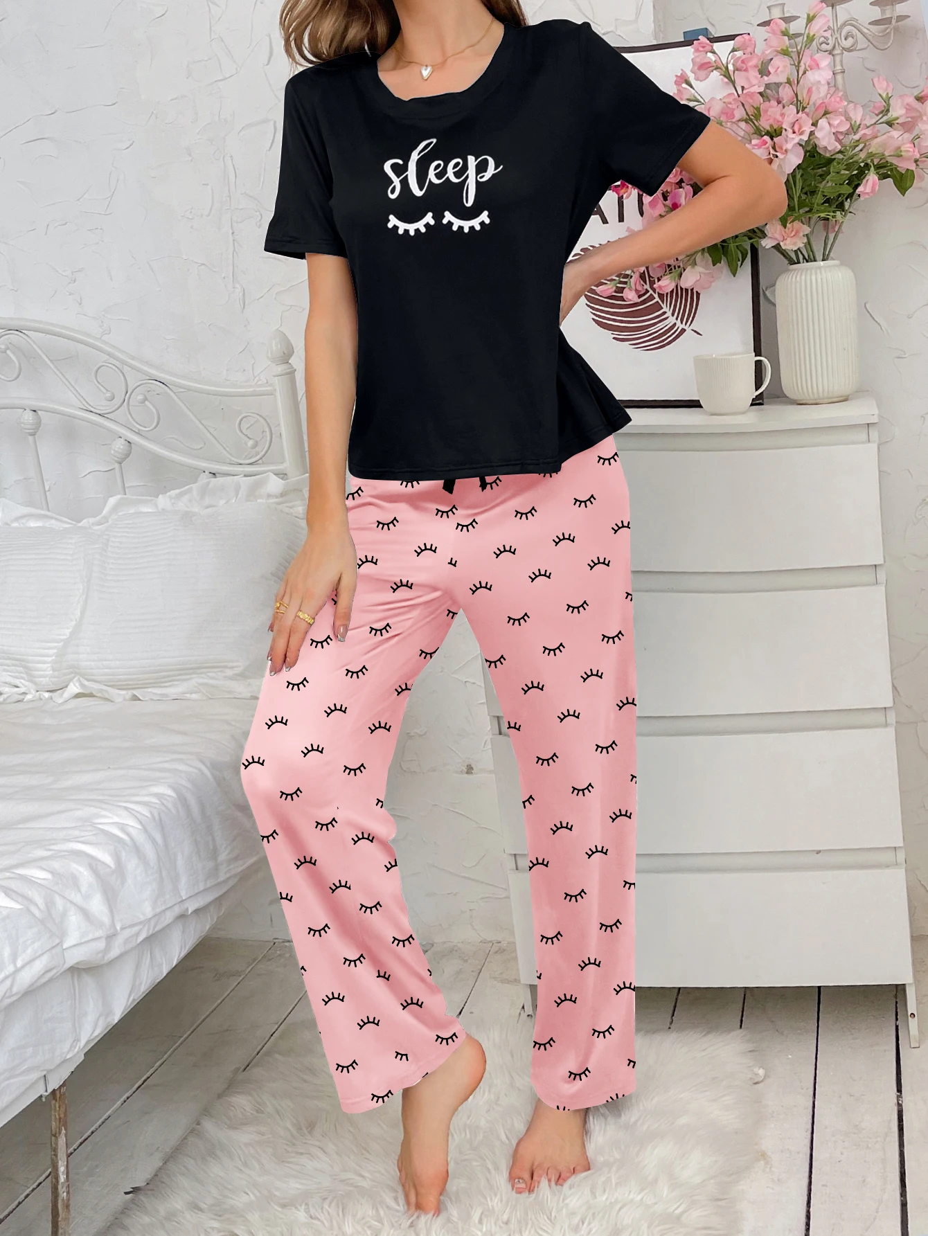 Women\'s new style home wear letter pattern short-sleeved blouse printed trousers two-piece casual pajamas set