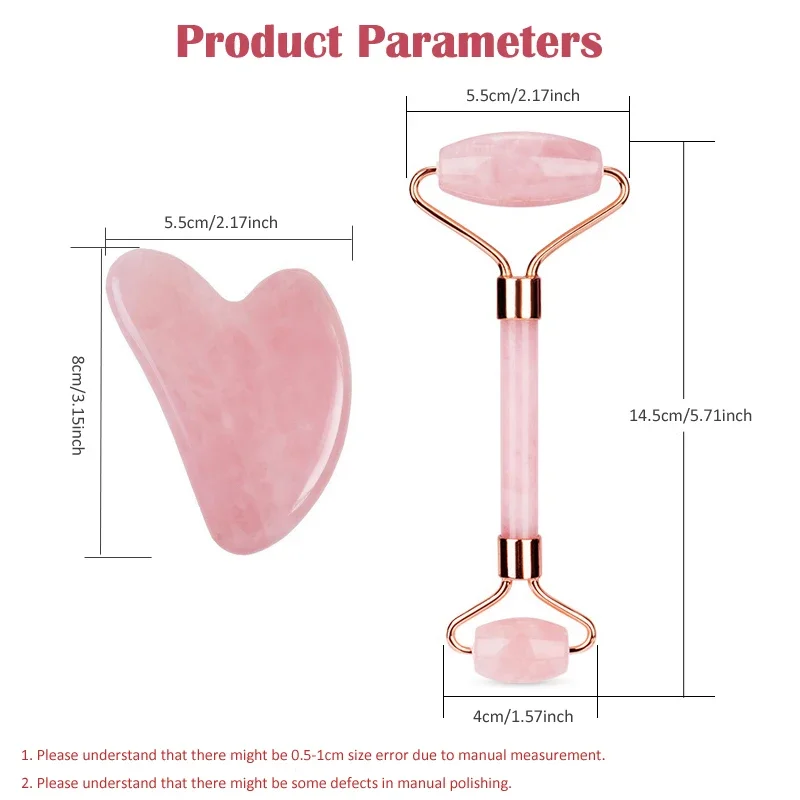 Rodillo de Jade de cuarzo rosa Natural y conjunto Gua Sha, masajeador de rodillo facial, tablero raspador en forma de corazón de Jade, herramienta de masaje para el cuidado de la piel