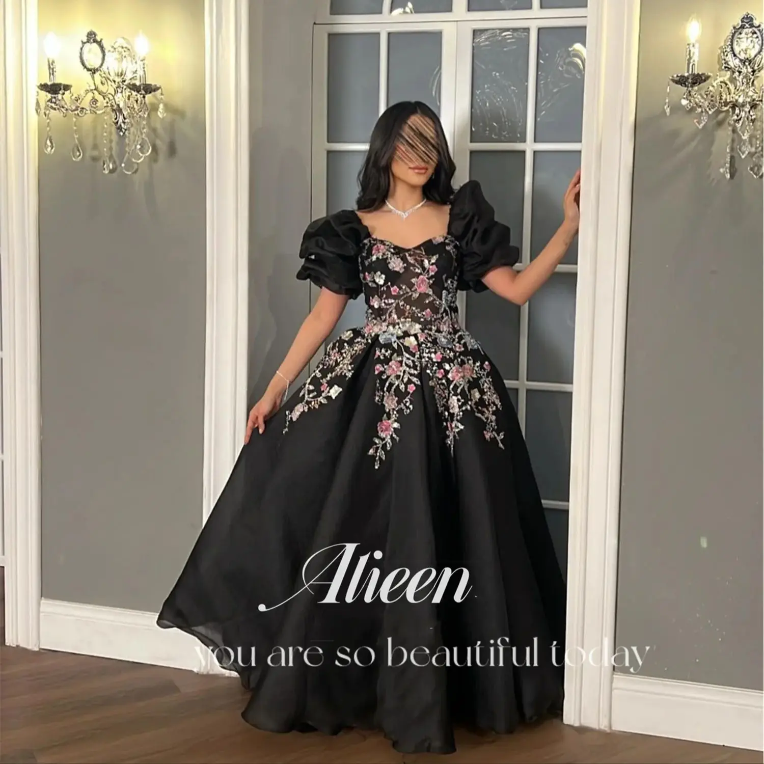 Aileen Sequin Embroidery Puff Sleeves Black Lace Luxurious Royal Engagement Dress Es Saudi Evening Dresses 2024 Luxury Prom Gown