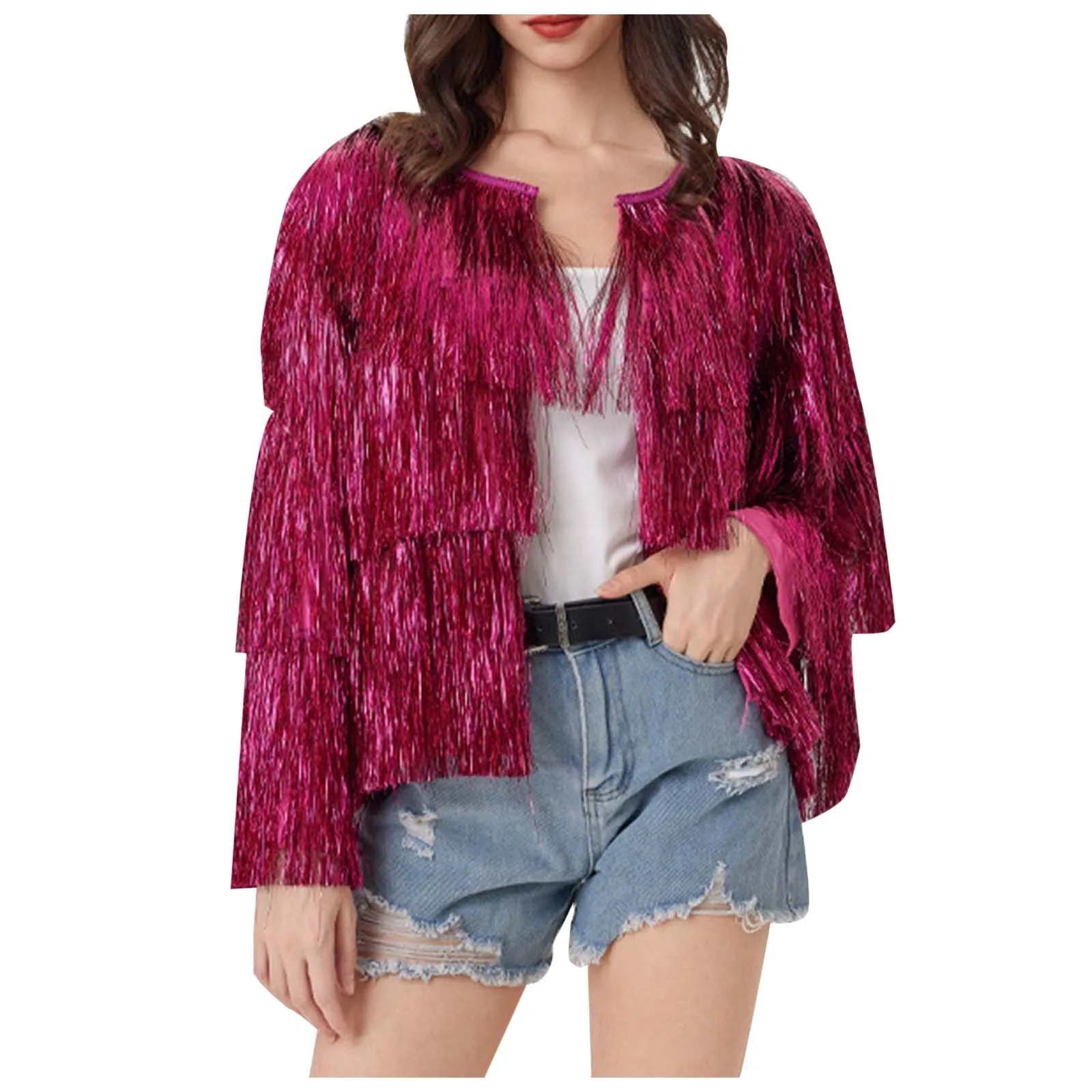 Retro jacket Women Coat Temperament Club Coat Long Sleeve Trendy Fashion Sequins Tassel Jacket festival open front carnival