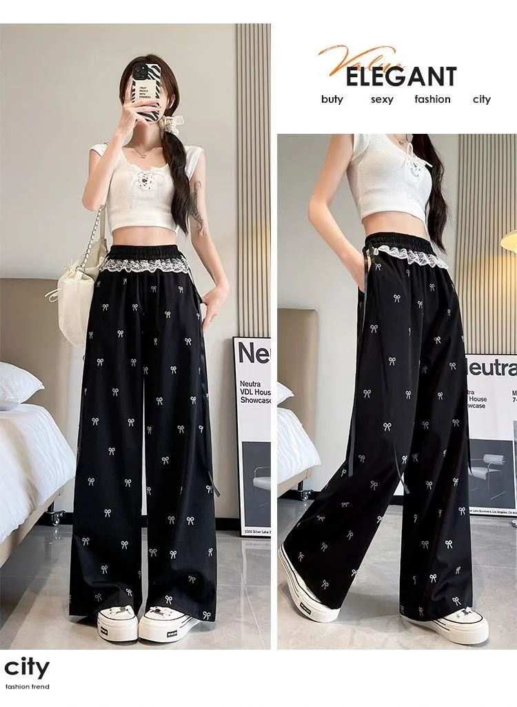 Süße und würzige Mädchenhose mit Spitzenbesatz, lässige Hose mit Schmetterlings-Schleife, lockere Damen-Hose mit weitem Bein, gerade geschnittene Hose – Detail 3