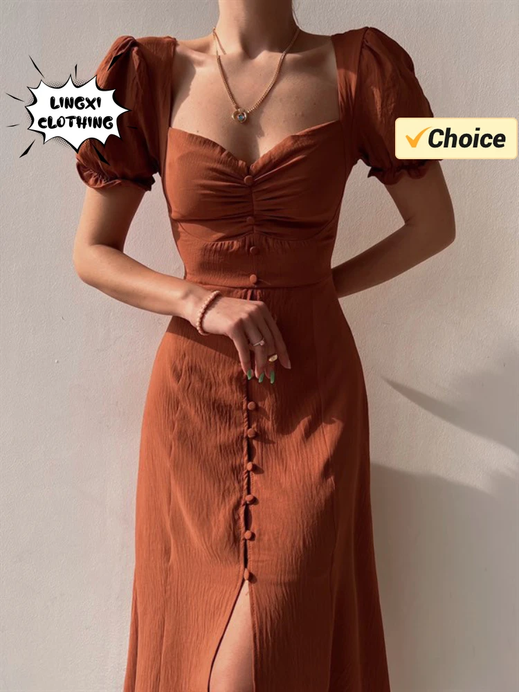 2024 Summer Fashion Summer Skirt Holiday Style Sexy Women's Dress V-neck Single Breasted Shrugged Mid Length Dress