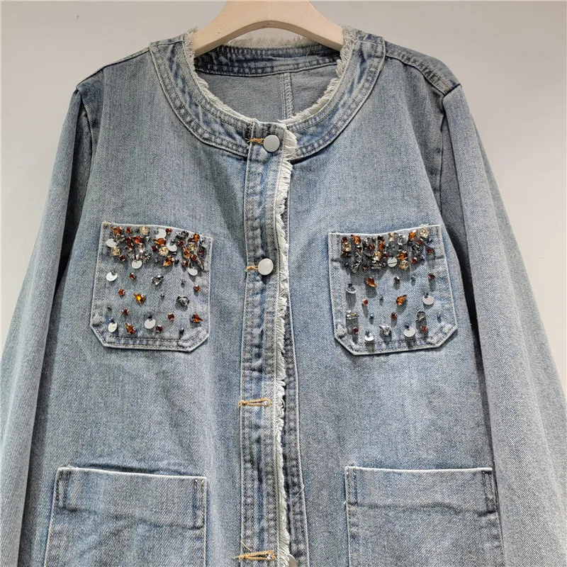 Heavy Work Beaded Diamond Big Pocket Blue Denim Jacket Autumn Women Casual Round Neck Multi-Pocket Long Sleeve Cowboy Outerwear