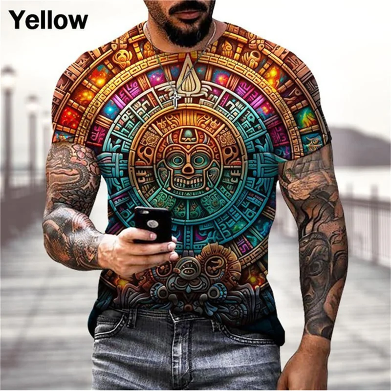 Colorful Cool Pattern T-Shirt For Men Aztec Calendar 3D Printed Tees Summer Casual Short Sleeve Loose T Shirts Round Neck Tops