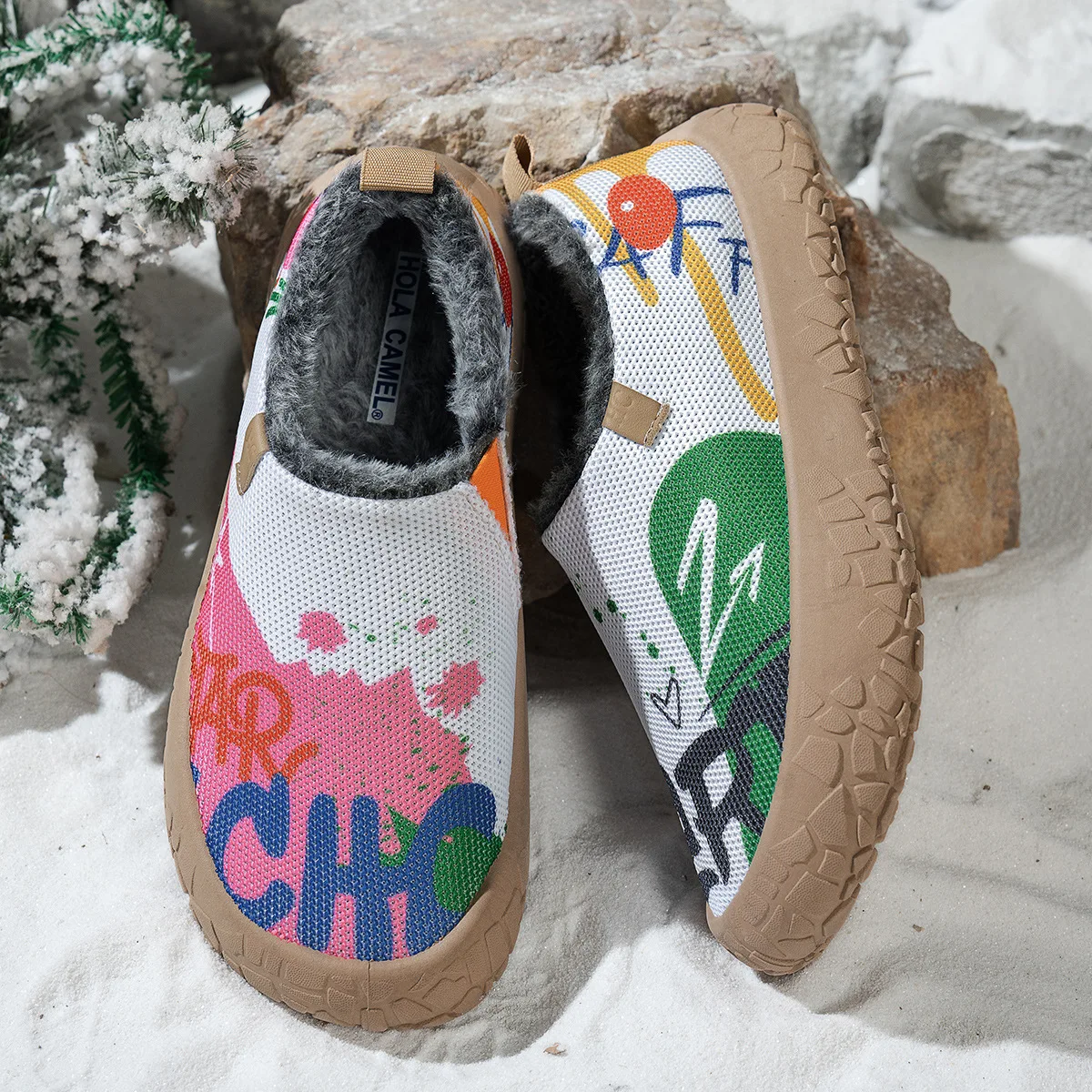Damen Winter Slip-On Fleece-gefütterte Schuhe Graffiti-Print Strick-Mesh Dicke Sohle Rutschfeste Plüsch Warme Casual Outdoor-Wandersneaker – Detail 7