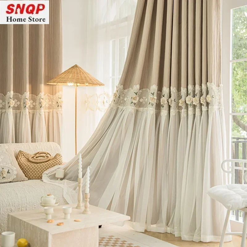 

European lace double-layer embroidery luxury curtains for living room and bedroom blackout romantic cloth tulle Window Custom