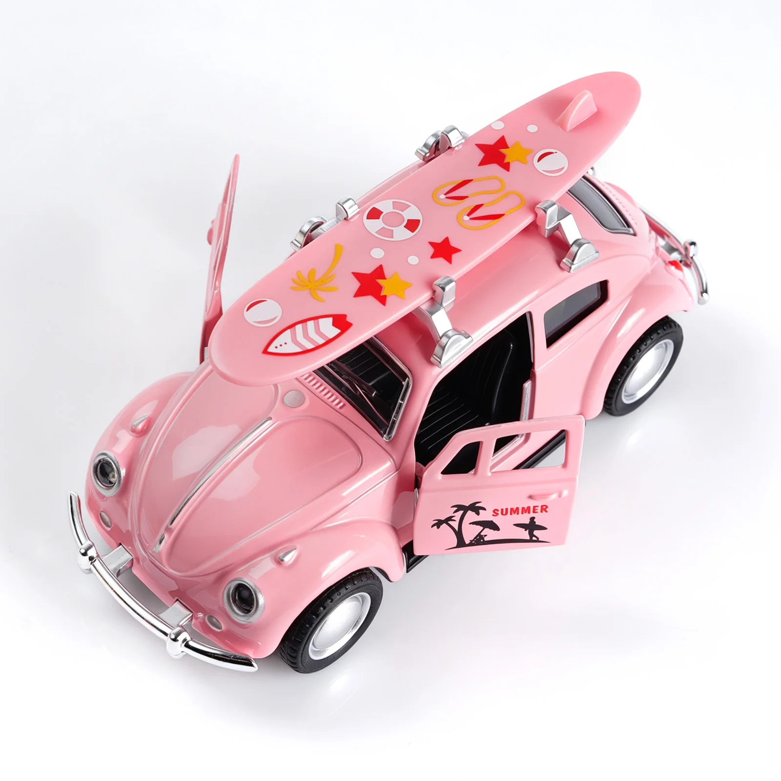 1:36 Pink Volkswagen Beetle Diecast Car with Surfboard, Alloy Pull-Back Model with Open Doors, Retro Summer Beach Toy for Kids view 3