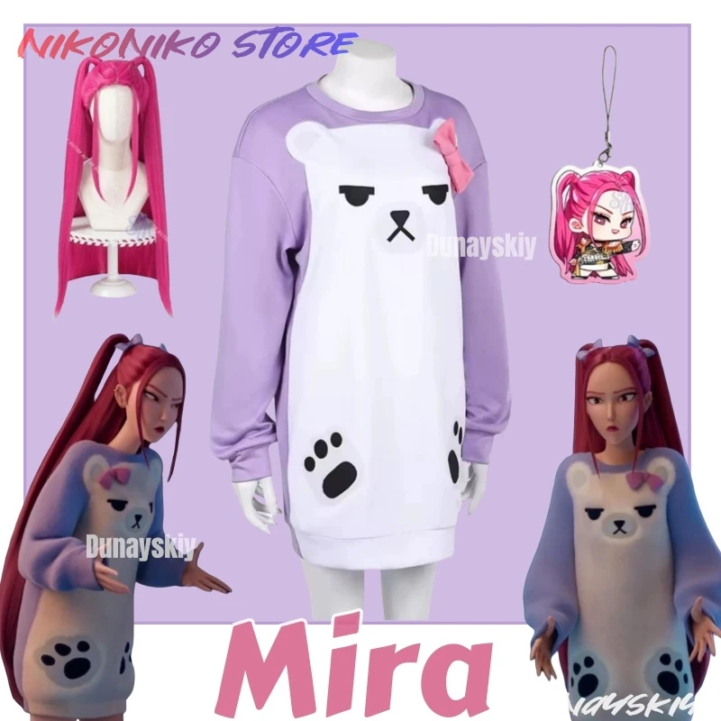 

Аниме костюм Mira Kpop Demon Huntrix косплей Kawaii сиреневый медведь пижамы милый сладкий свитшот с длинными рукавами прекрасный Хэллоуин Cos