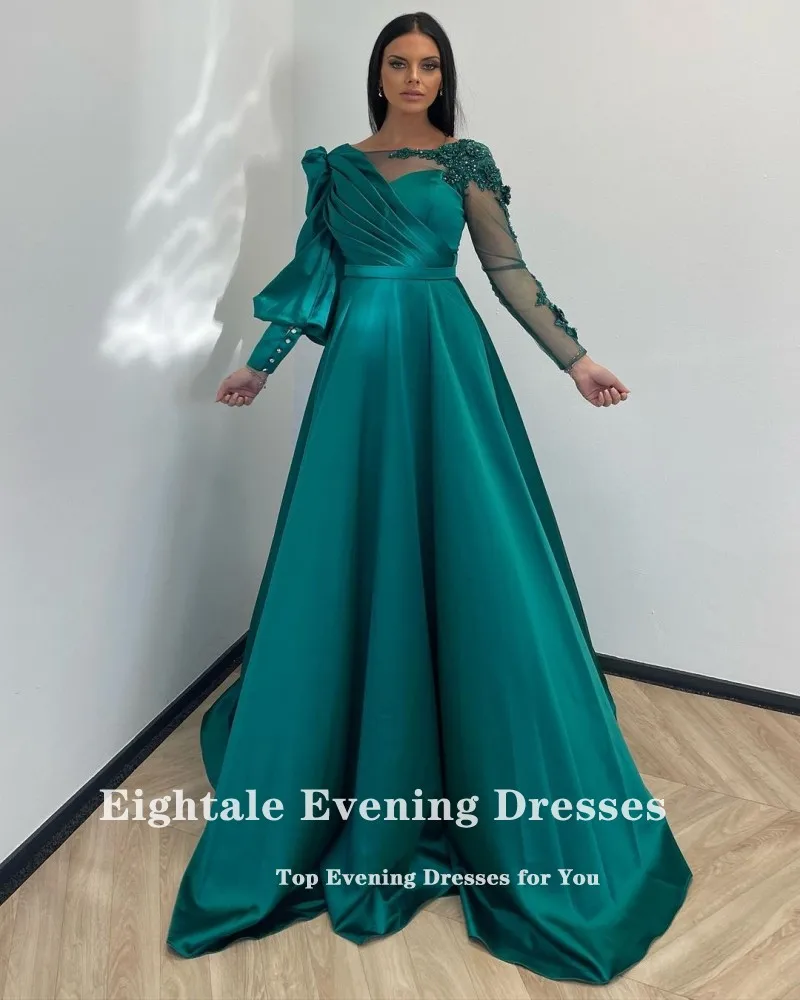 Eightale Green Evening Dress for Wedding Party Long Sleeves O-Neck Satin Appliques Beaded Dubai Customized Formal Prom Gowns