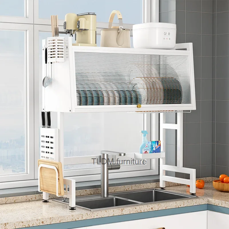 Kitchen Sink Organizer Countertop with Door Dust-Proof Cupboards Cutlery Cutting Board Drain Rack Pot Rack Kitchen Supplies Rack