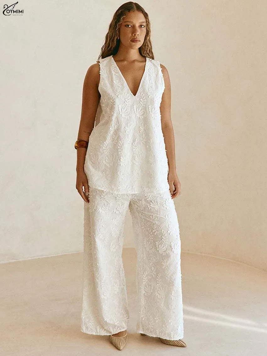 

Oymimi Fashion White Jacquard 2 Pieces Set For Woman Casual V-Neck Sleeveless Blouses And High Waisted Straight Trousers Sets