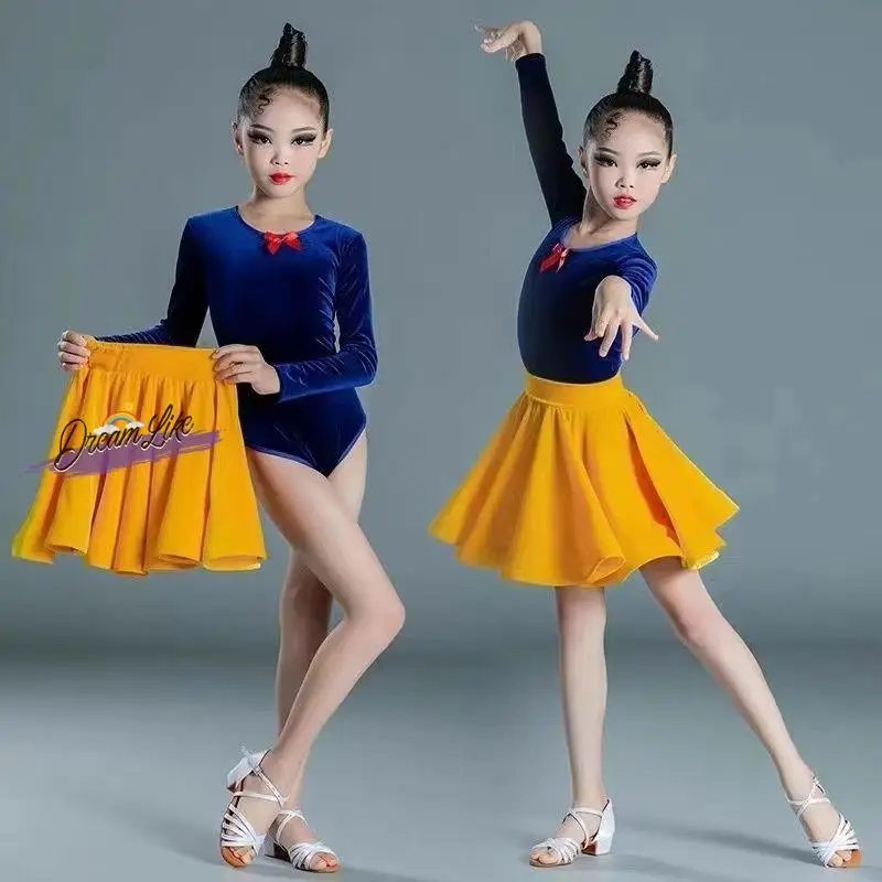 Saia de Dança Latina de Veludo com Manga Longa para Meninas, Fantasia de Princesa Branca de Neve para Prática e Apresentação no Outono e Inverno