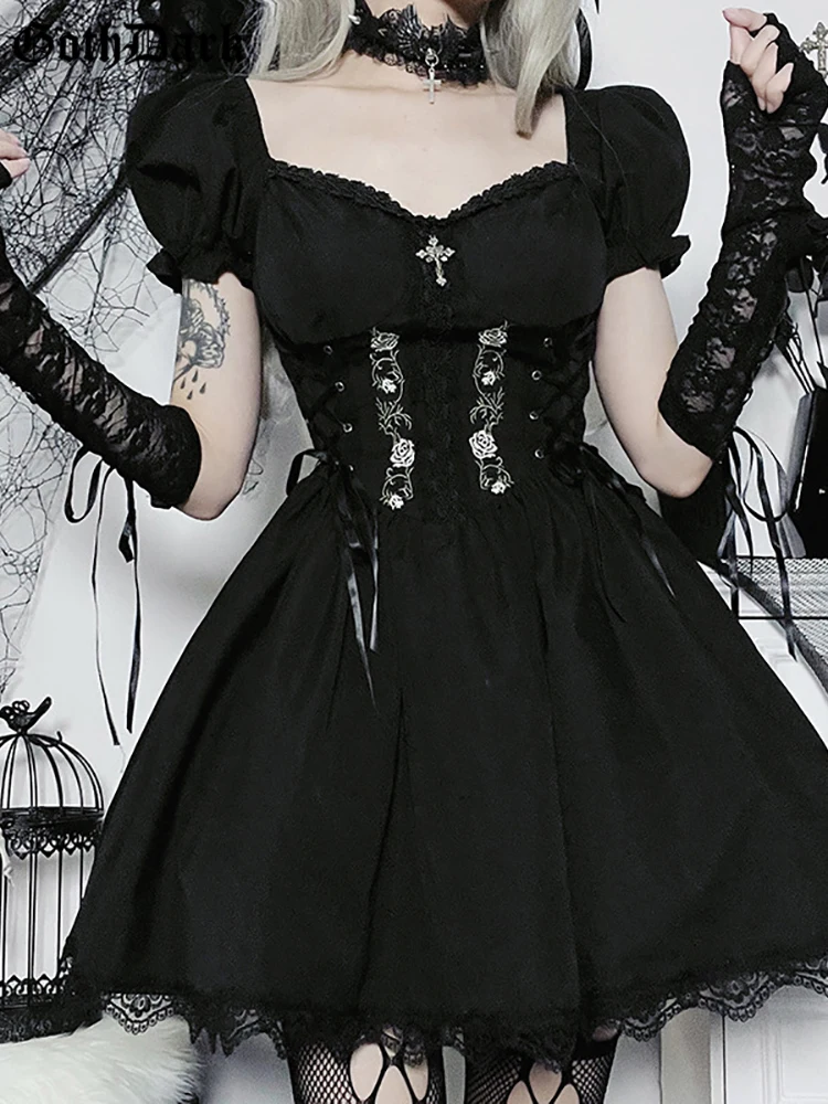 Goth Dark – robe courte gothique pour femmes, robe trapèze noire, Corset à bandes, Style Grunge, vêtements Emo brodés