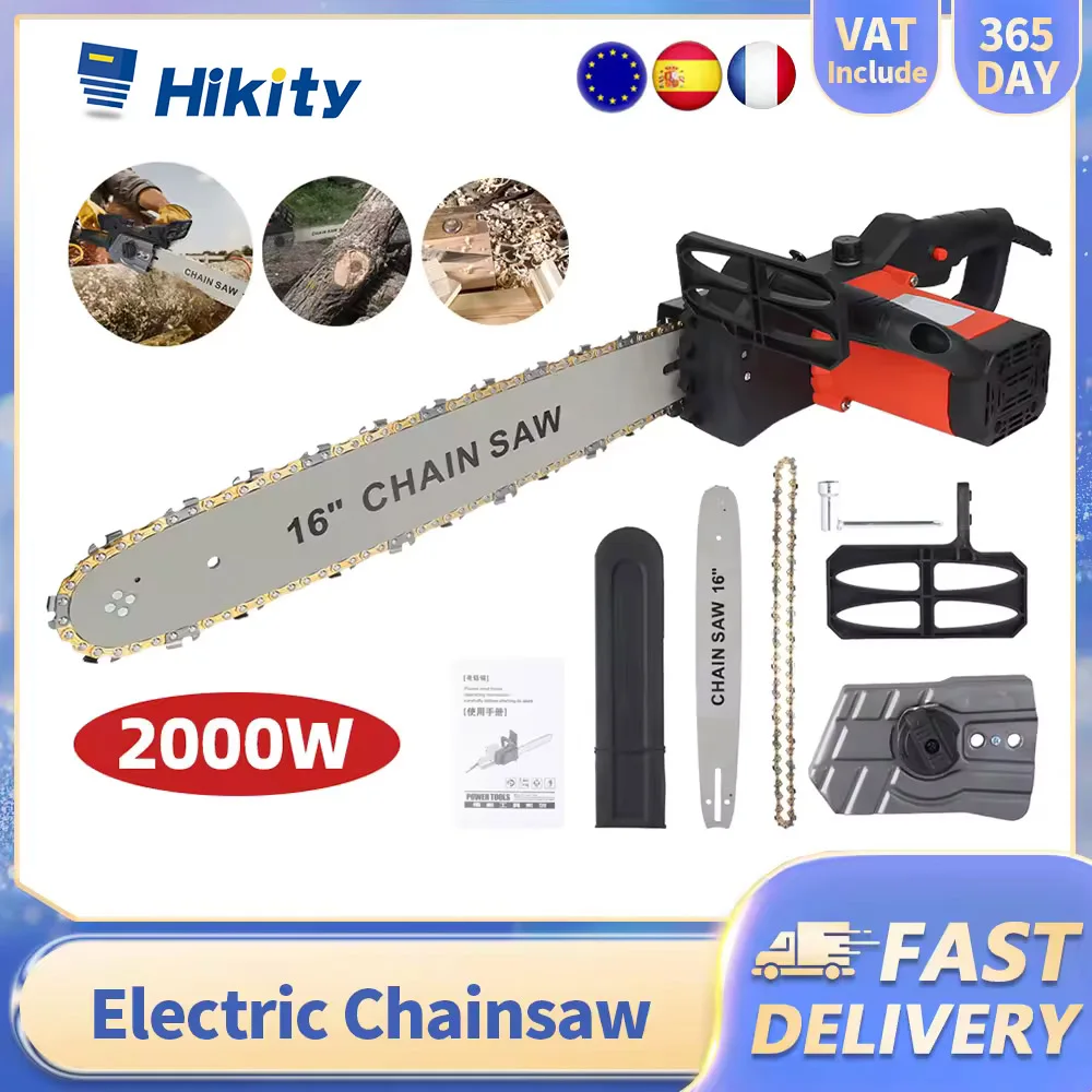 Hikity Scie à chaîne électrique portable de 16 pouces, grande scie à chaîne pour l'abattage, l'élagage, la coupe du bois, outil électrique de jardinage pour le bricolage à domicile
