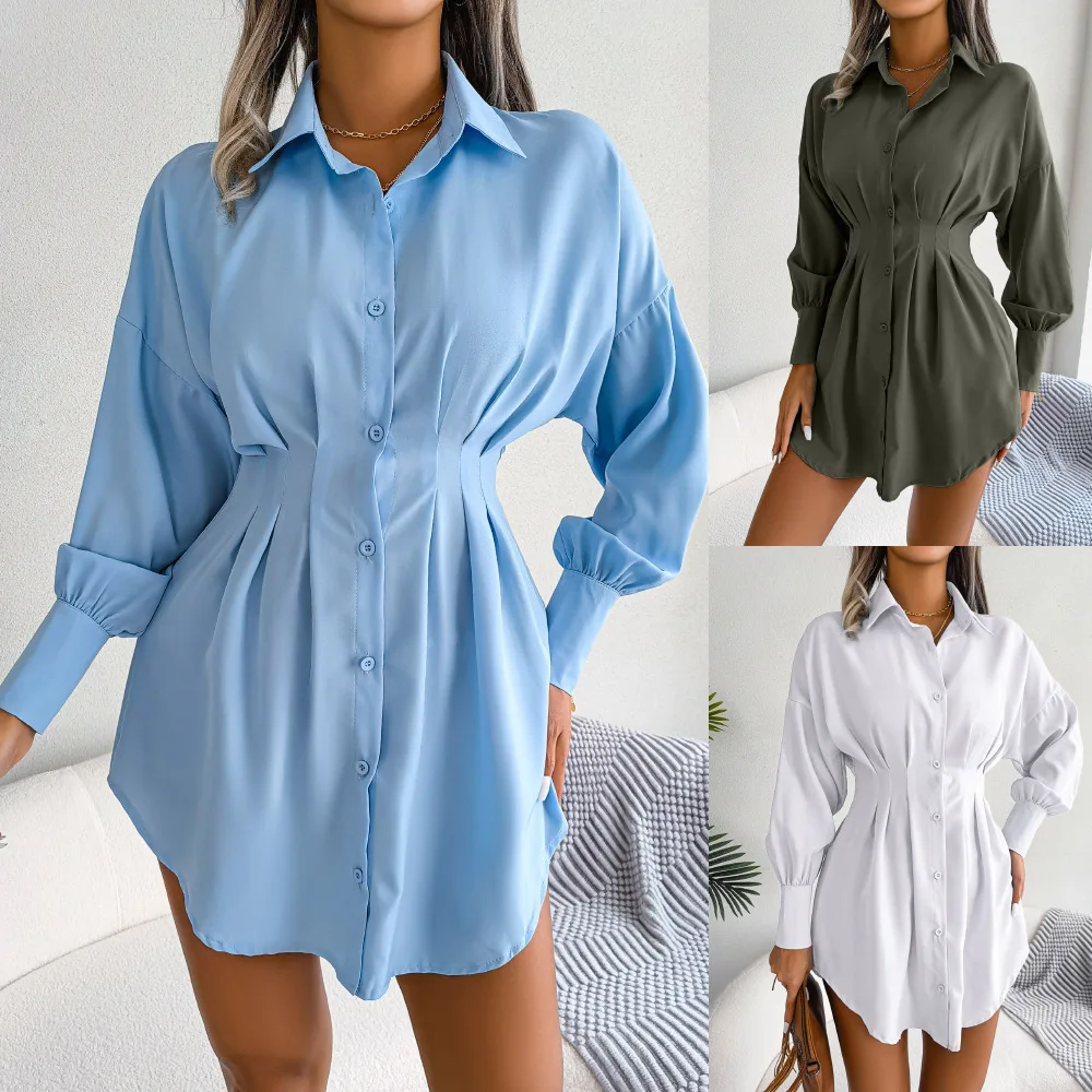 

Women Autumn Shirt Dress Lantern Long Sleeve Button Skirts Turn Down Collar Solid Dresses Ladies Tighten Waist Office Lady