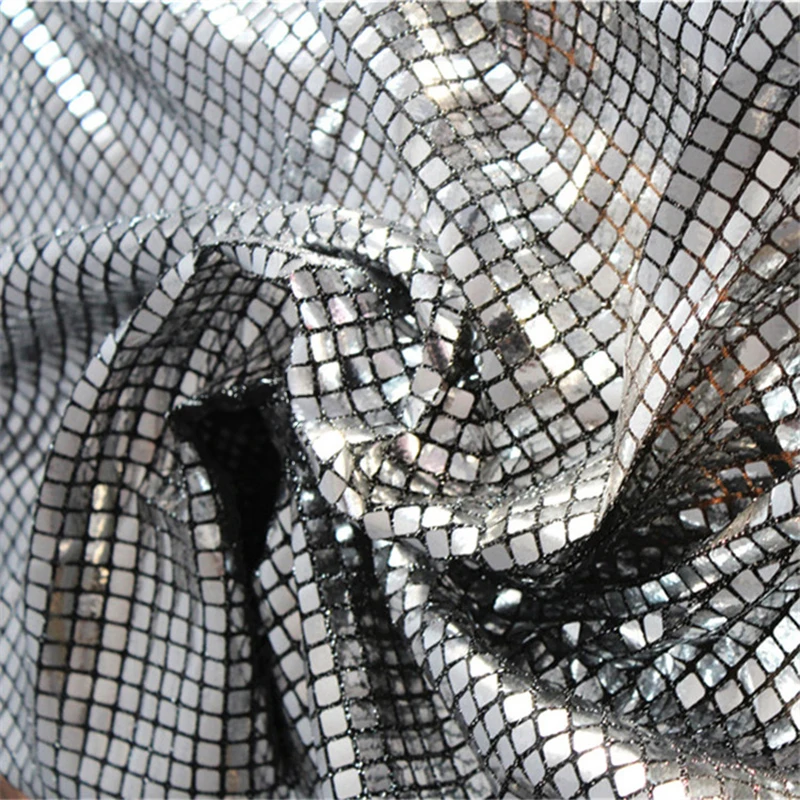 50*95cm Mirror Reflective Square Sequin Fabric Mesh Glitter Silver Designer Fabric DIY Sewing Metallic Dress Stage Costume