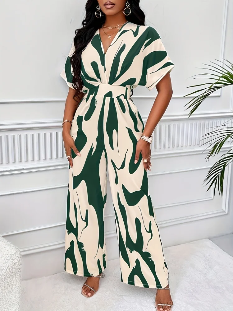

sister star summer women's fashion simple short-sleeved printed waisted wide-leg jumpsuit wholesale comfortable jumpsuit