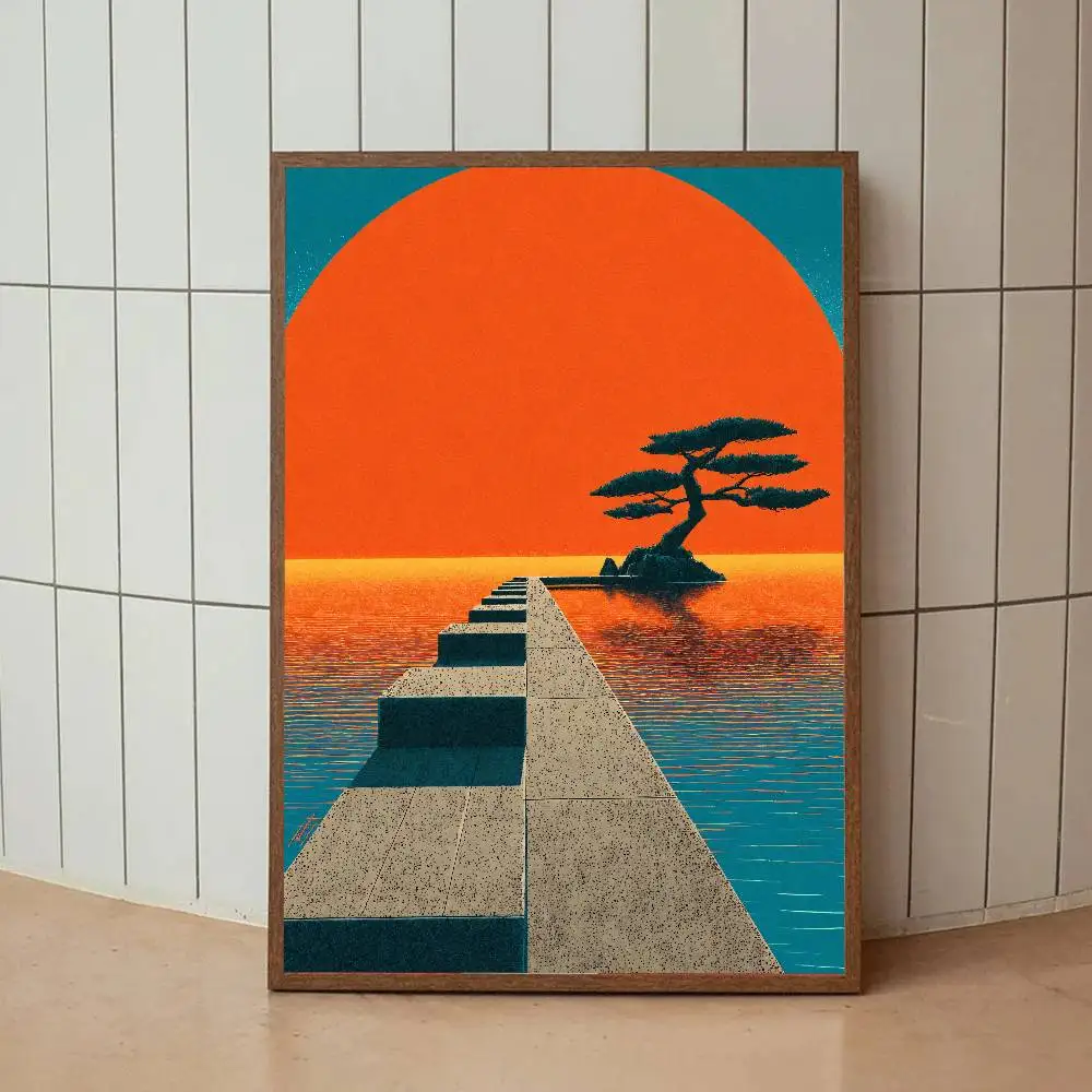 Geometric Retro Sunset Ocean Landscape Print Poster, Lone Bonsai Tree Islet Concrete Stairway Silhouette Art Decor