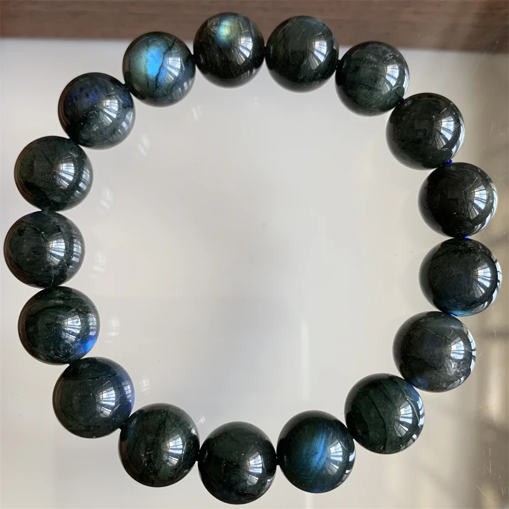 Natural Black Body Labradorite Bracelets for Women 10.4MM Blue Light Cat Eye Labradorite Beads Healing Gifts Stretch Bracelets