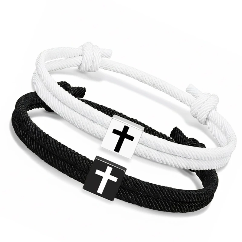 

573B 2 Pieces Adjustable Crosses Bracelet Couple Set Christian Wristband Baptism Gift