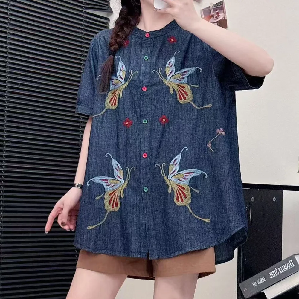 Vrouwen Vintage Mori Meisje Vlinder Borduren Denim Shirts Zomer Japan Stijl Stand Kraag Korte Mouw Casual Losse Jeans Blouse